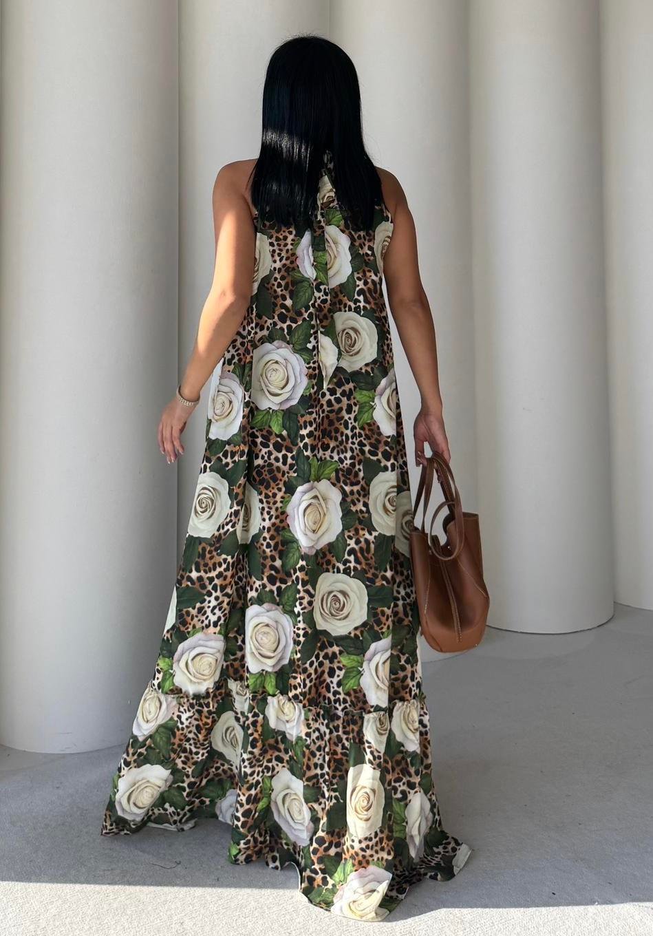 Puket Leopar Detaylı Elbise Beyaz