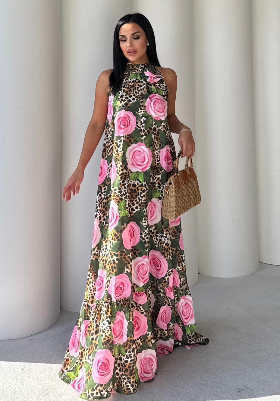 Puket Leopar Detaylı Elbise Pembe
