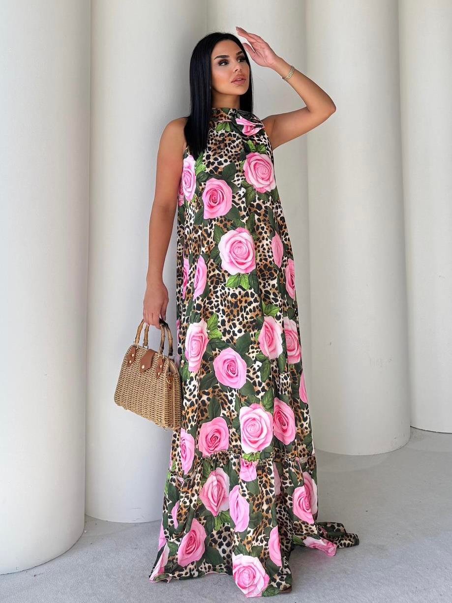 Puket Leopar Detaylı Elbise Pembe