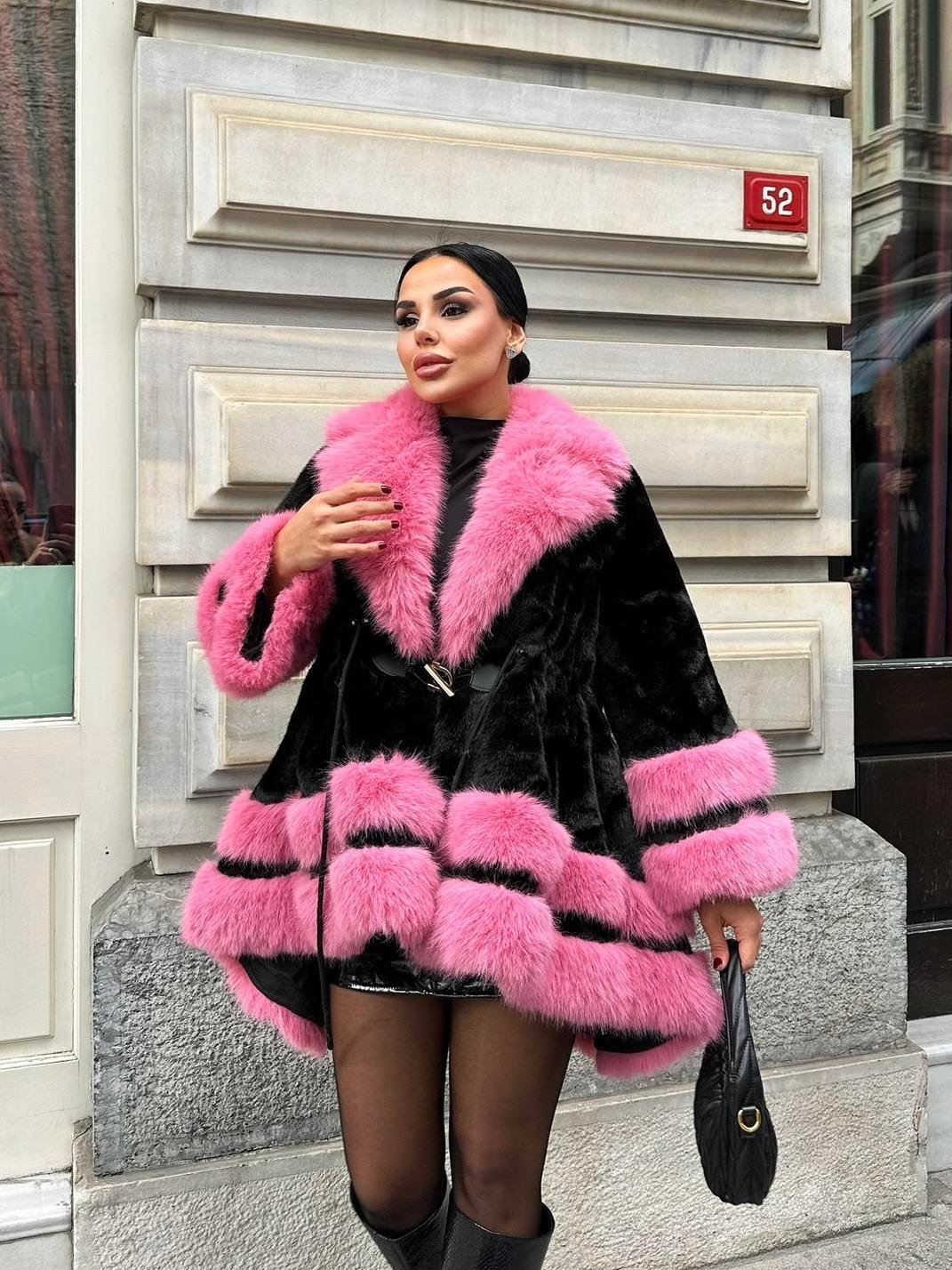Pury İthal Kürk Siyah-Pembe
