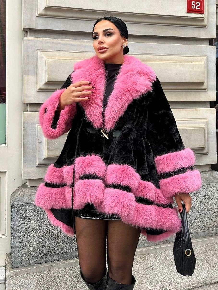 Pury İthal Kürk Siyah-Pembe