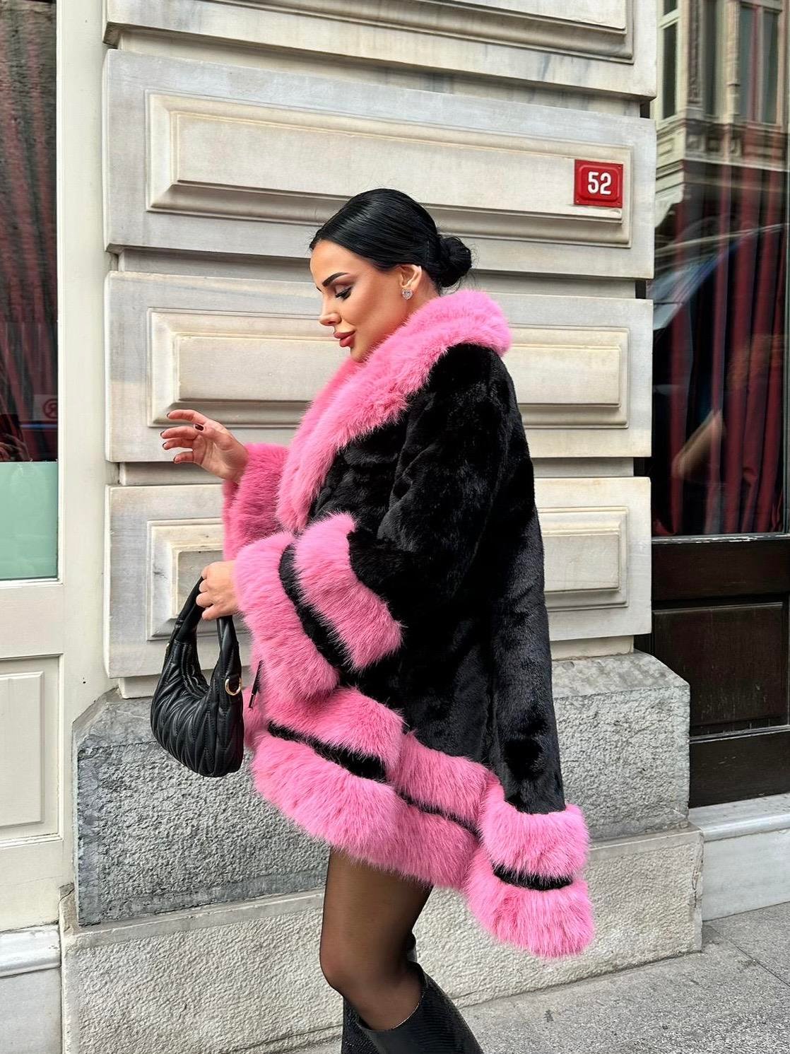 Pury İthal Kürk Siyah-Pembe
