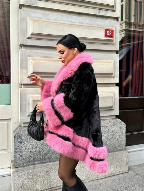 Pury İthal Kürk Siyah-Pembe