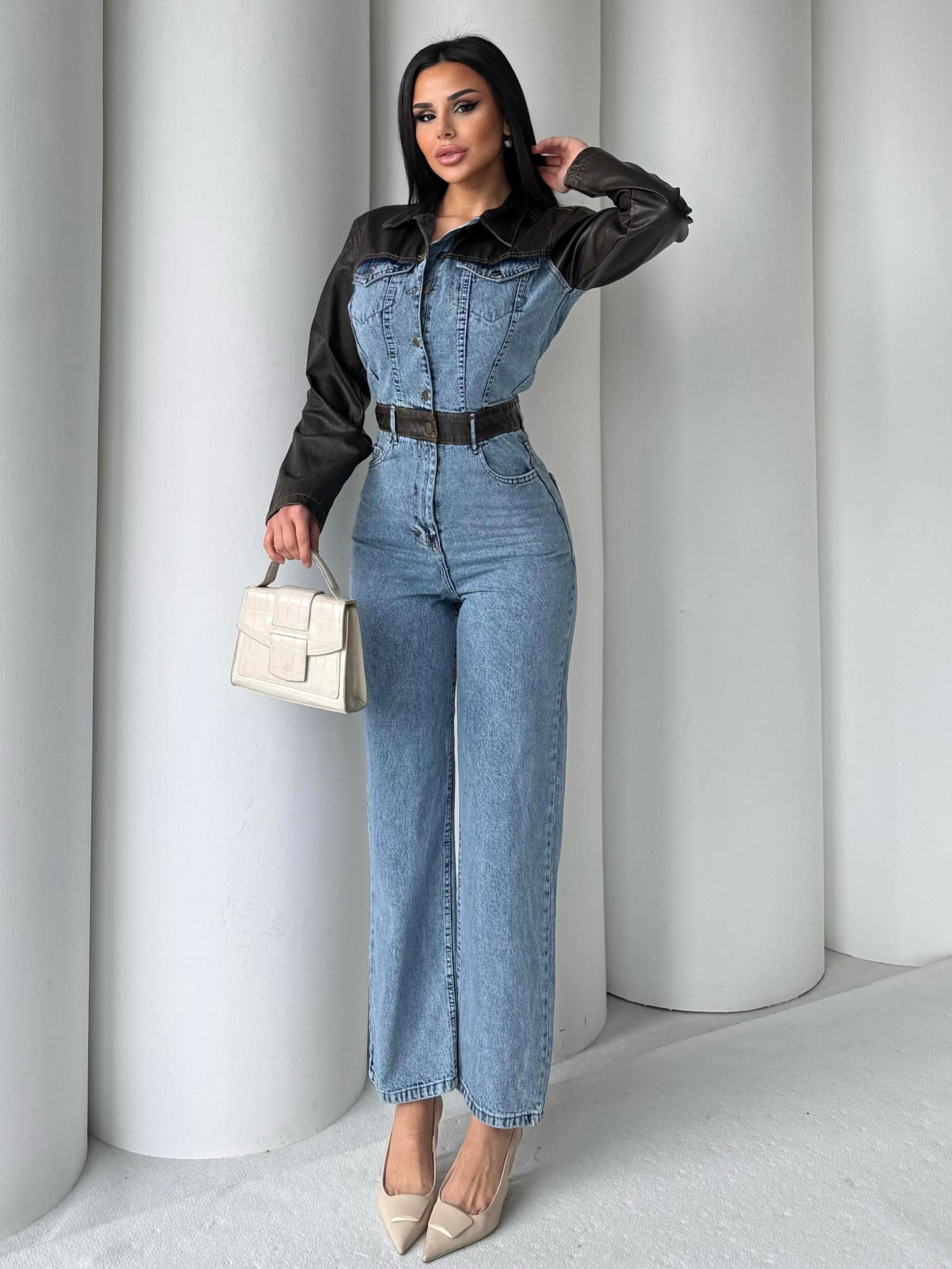 Sarte Deri Detaylı Denim Tulum Mavi