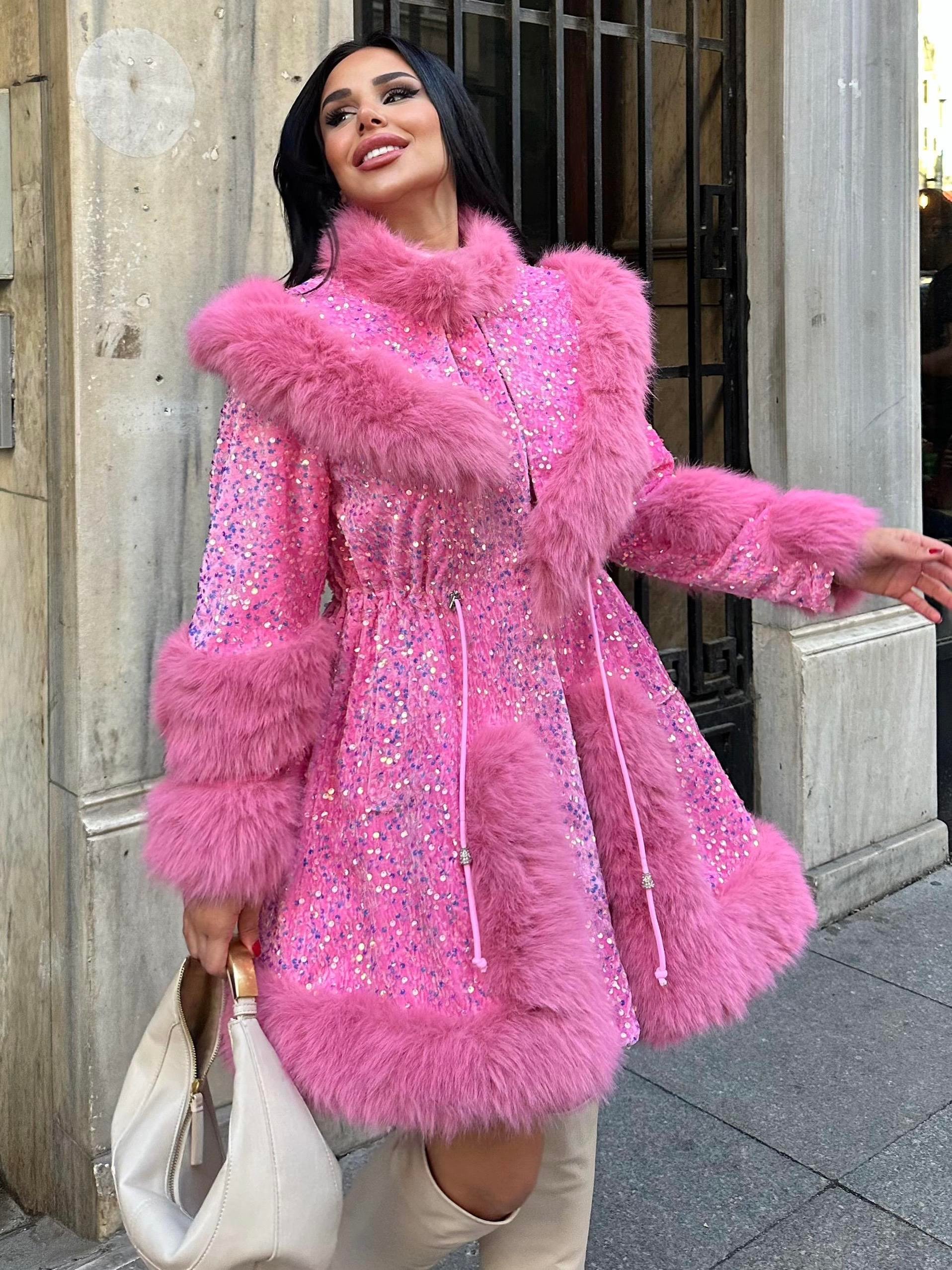 Snaps Payetli İthal Kürk Pembe