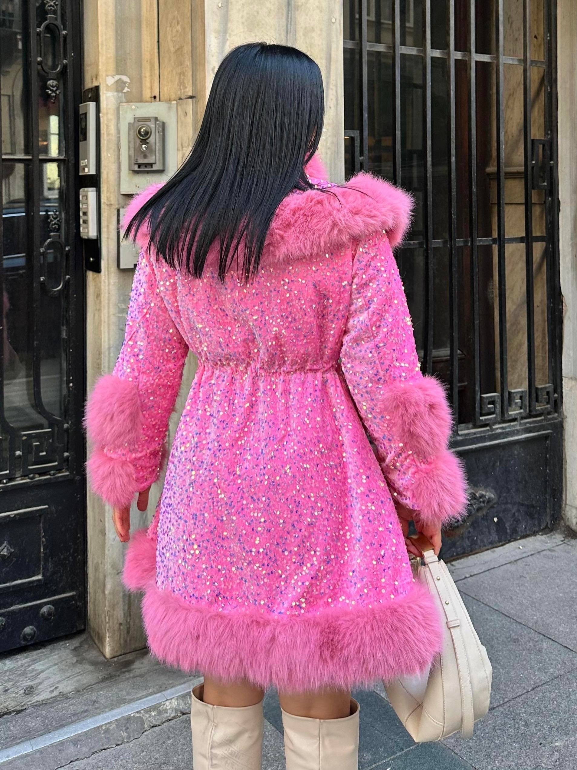 Snaps Payetli İthal Kürk Pembe
