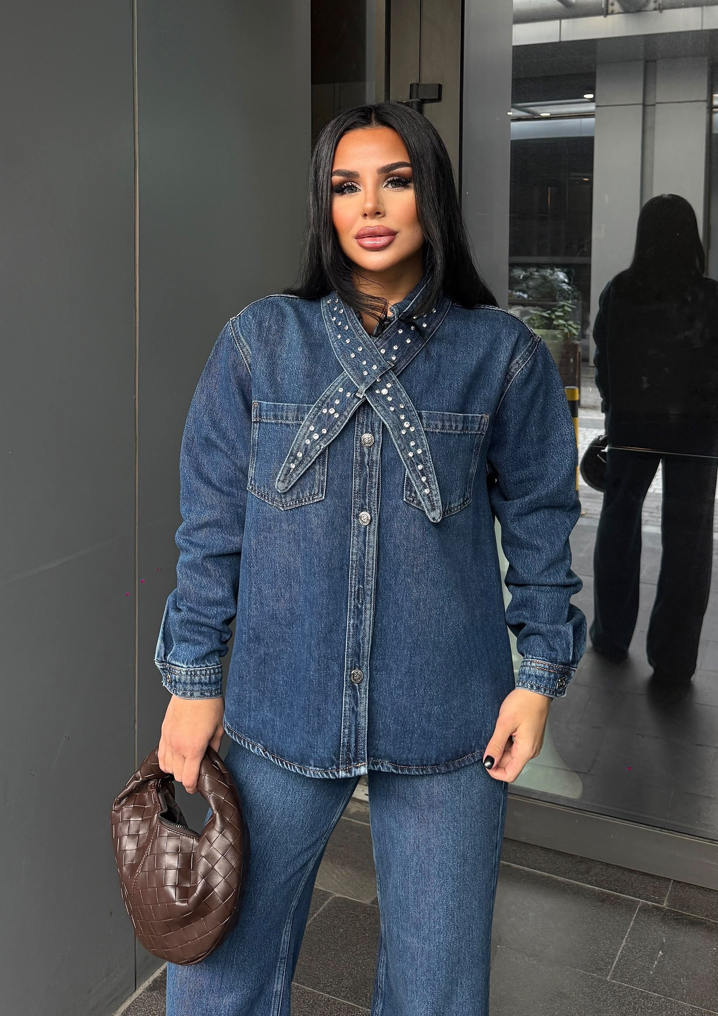 Sraco Taş Detaylı Denim Takım Lacivert