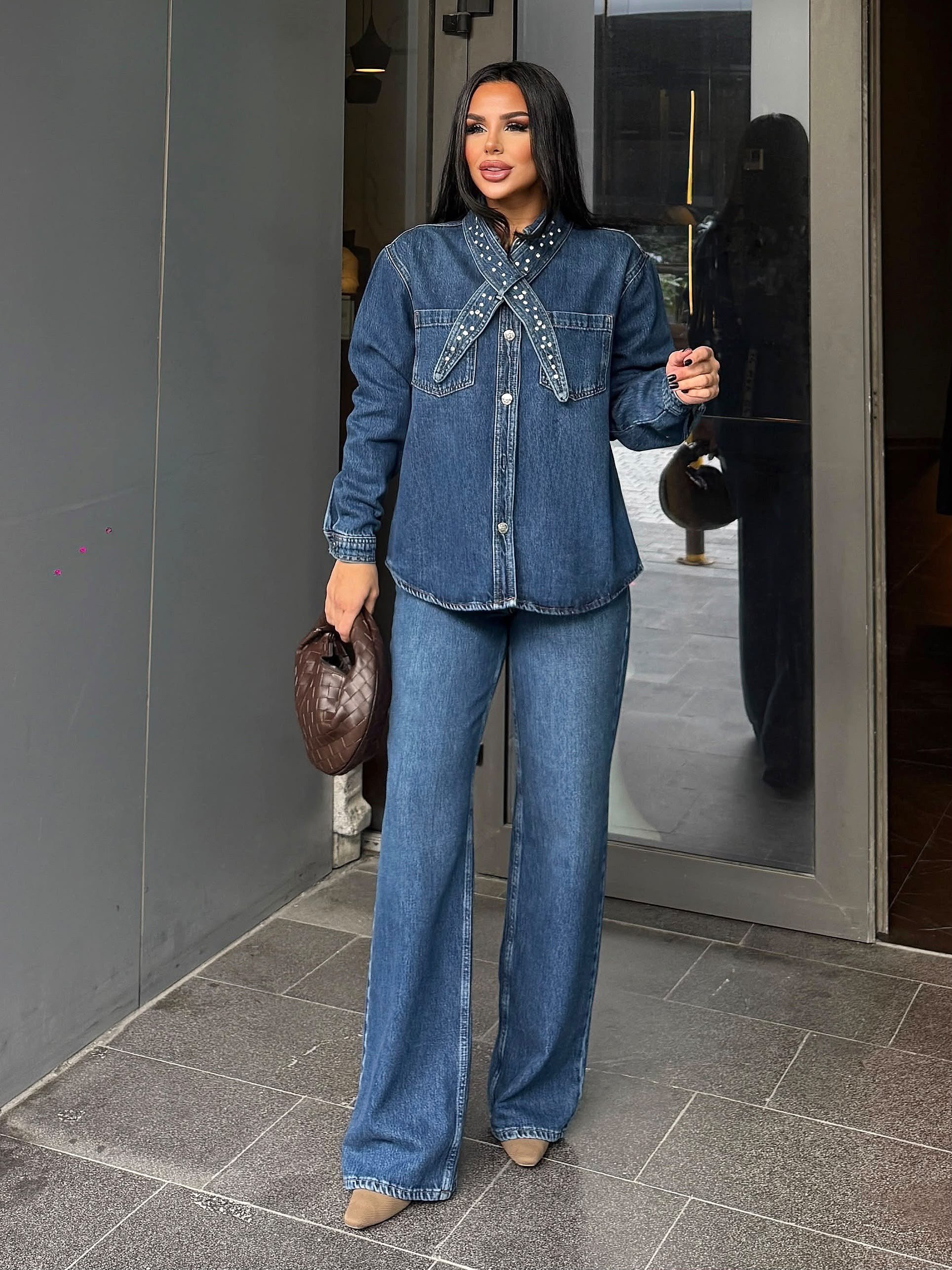 Sraco Taş Detaylı Denim Takım Lacivert