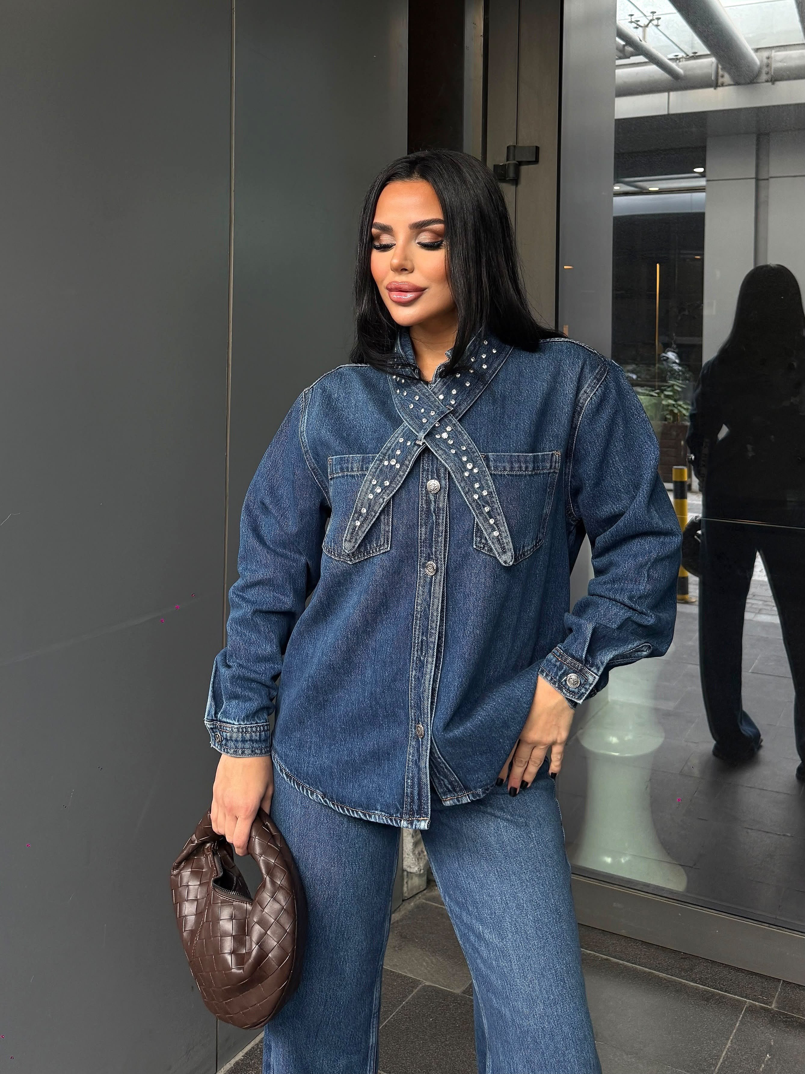 Sraco Taş Detaylı Denim Takım Lacivert