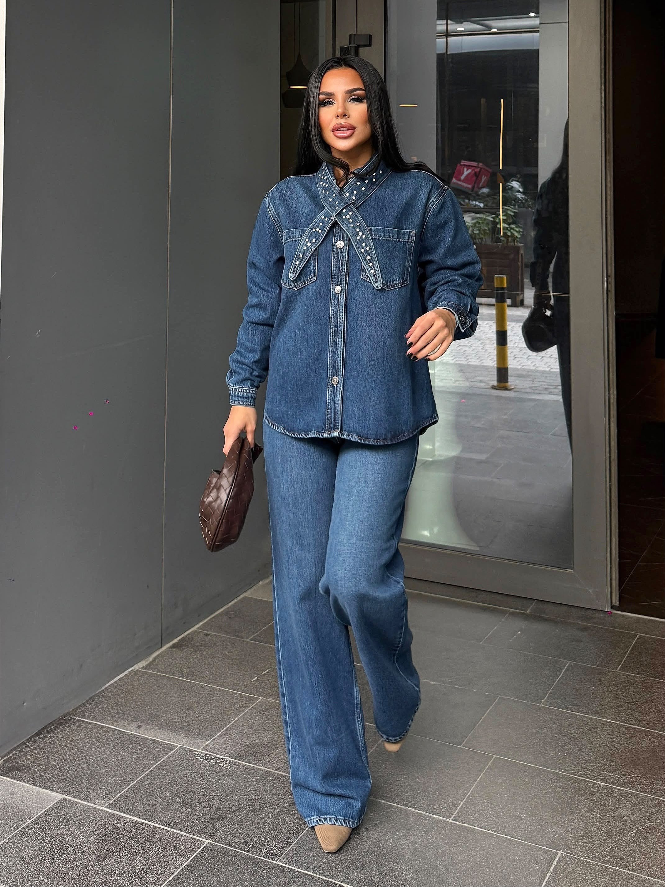Sraco Taş Detaylı Denim Takım Lacivert
