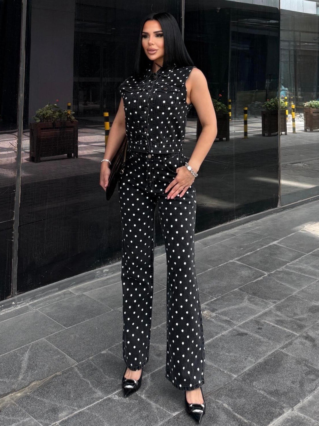 Stores Puantiye Detaylı Denim Takım Siyah