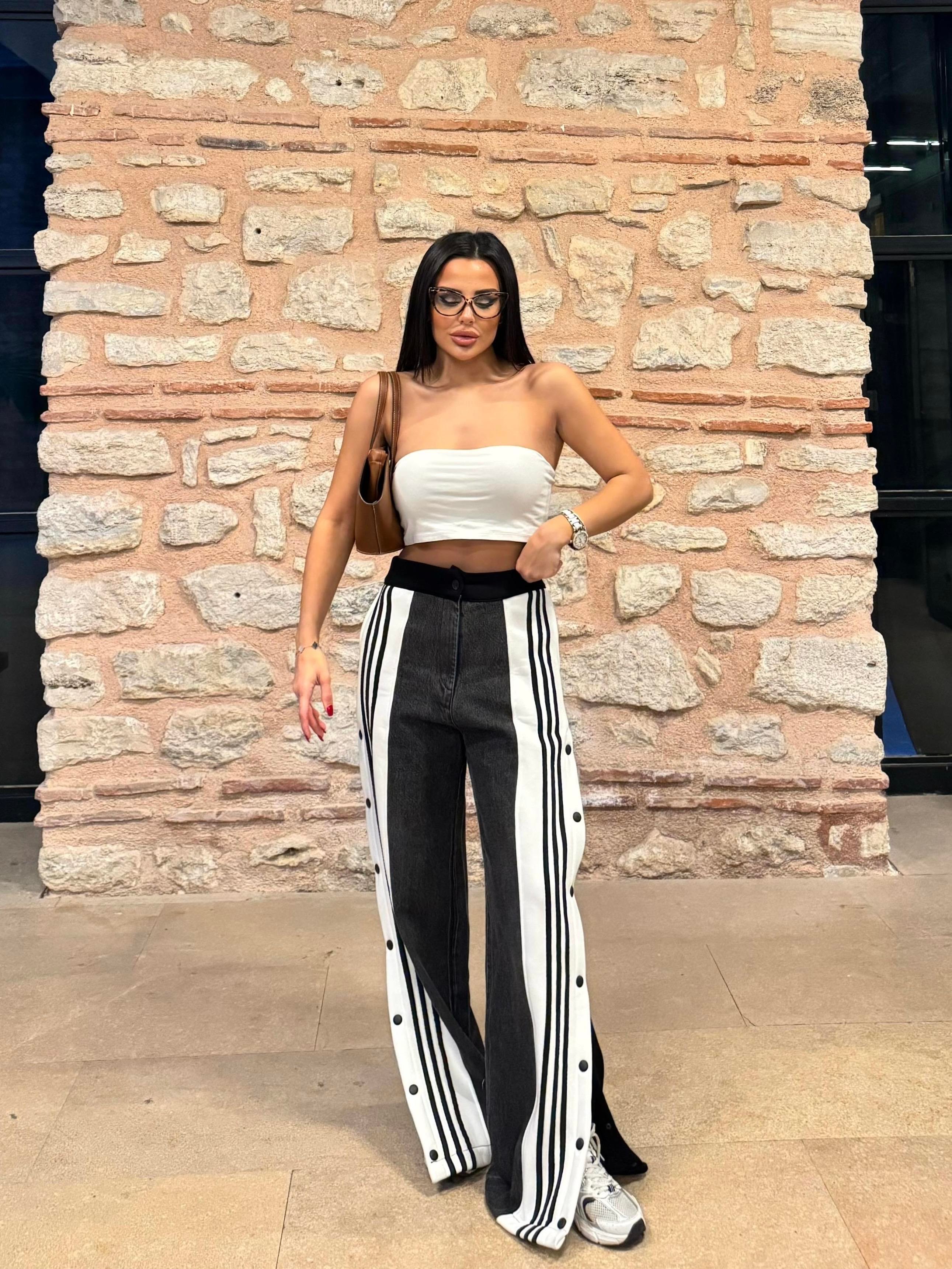 Trend Çıt Çıt Detaylı Denim Pantolon Gri