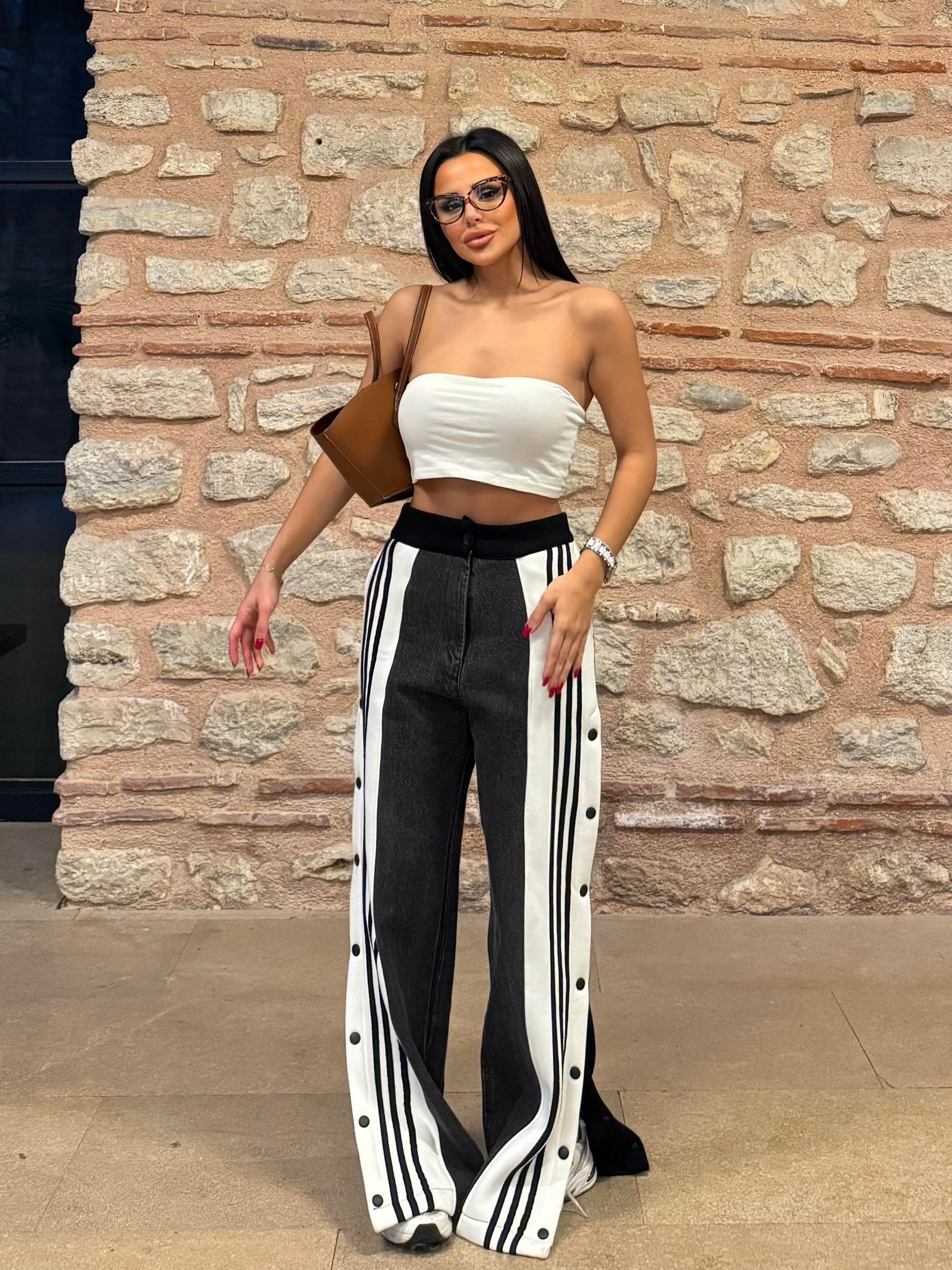 Trend Çıt Çıt Detaylı Denim Pantolon Gri