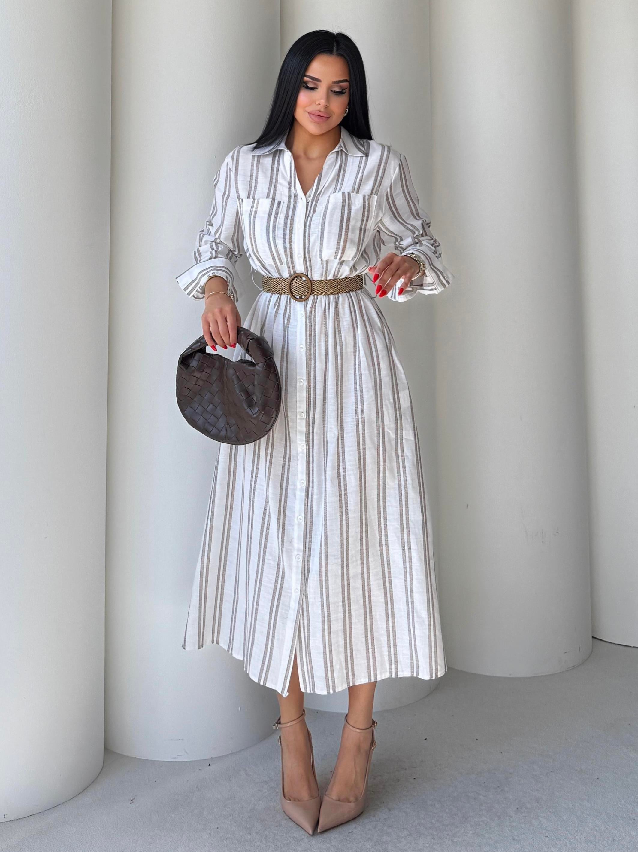 Vidi Çizgili Ketene Elbise  Kahve