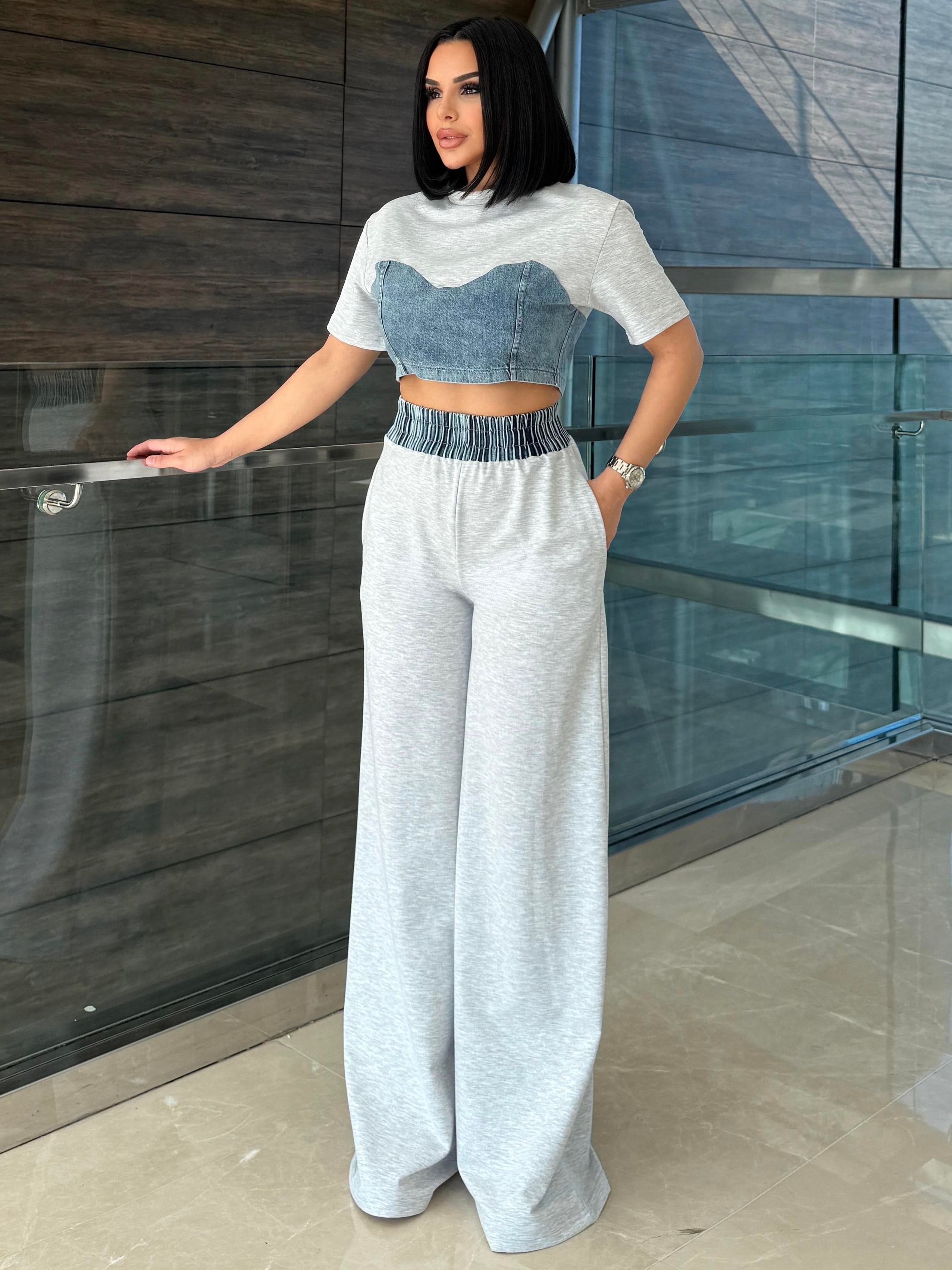 Zeynis Denim Detaylı Spor Takım Gri