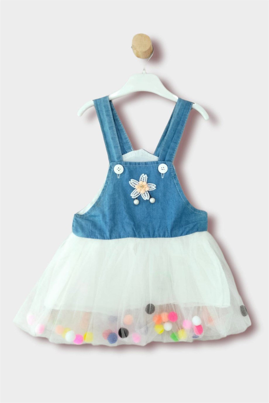 1-4 yaş Kız Çocuk Tül Etekli Ponponlu Kot Detaylı Elbise 