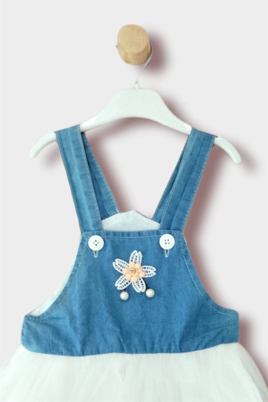 1-4 yaş Kız Çocuk Tül Etekli Ponponlu Kot Detaylı Elbise 