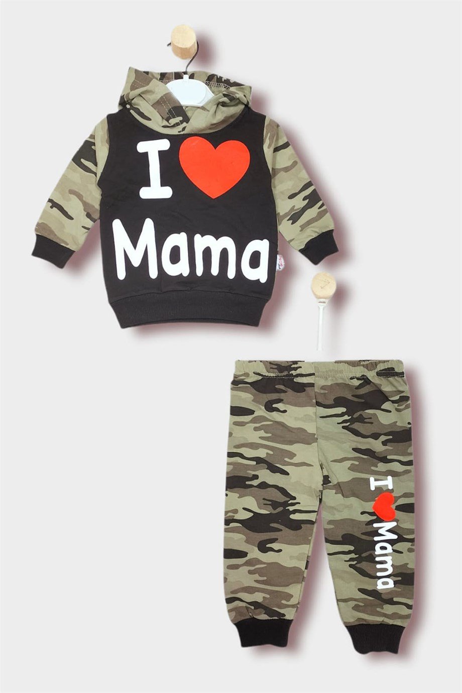 6-24 Ay Erkek Bebek Kamuflaj Desenli Uzun Kollu Kapüşonlu İkili Takım