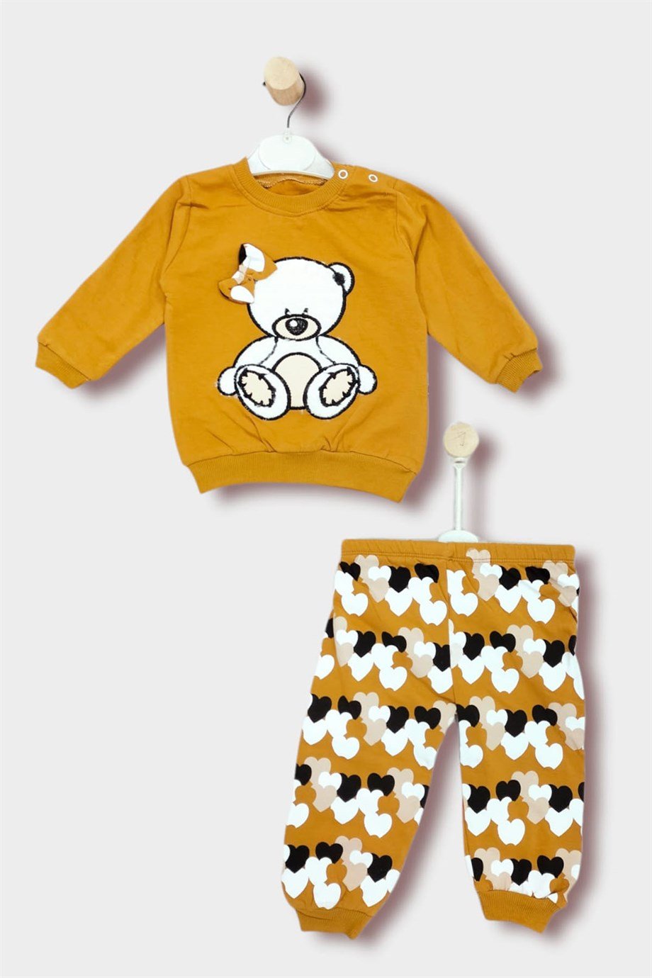 6-24 Ay Kız Bebek Hardal Ayıcık Kabartmalı Fiyonklu Uzun Kollu İkili Takım