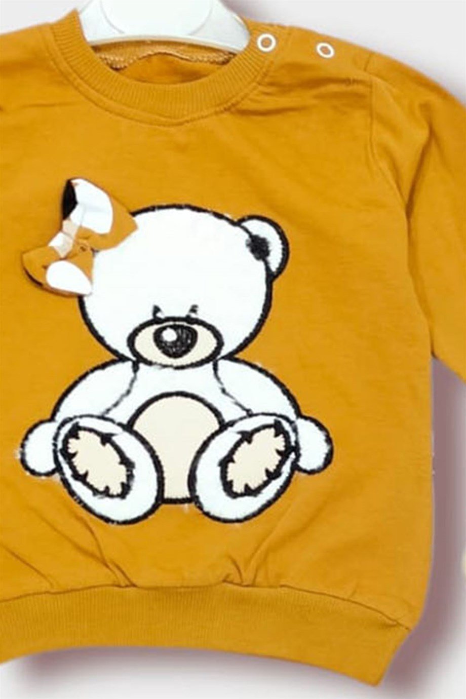 6-24 Ay Kız Bebek Hardal Ayıcık Kabartmalı Fiyonklu Uzun Kollu İkili Takım