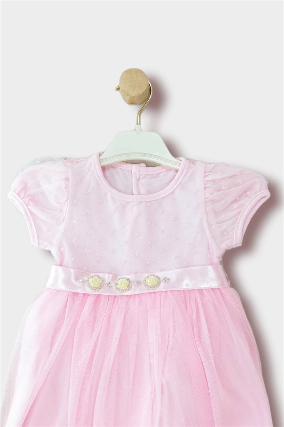 9-24 Ay Kız Bebek Çiçekli Tül Etekli Kısa Kollu Elbise