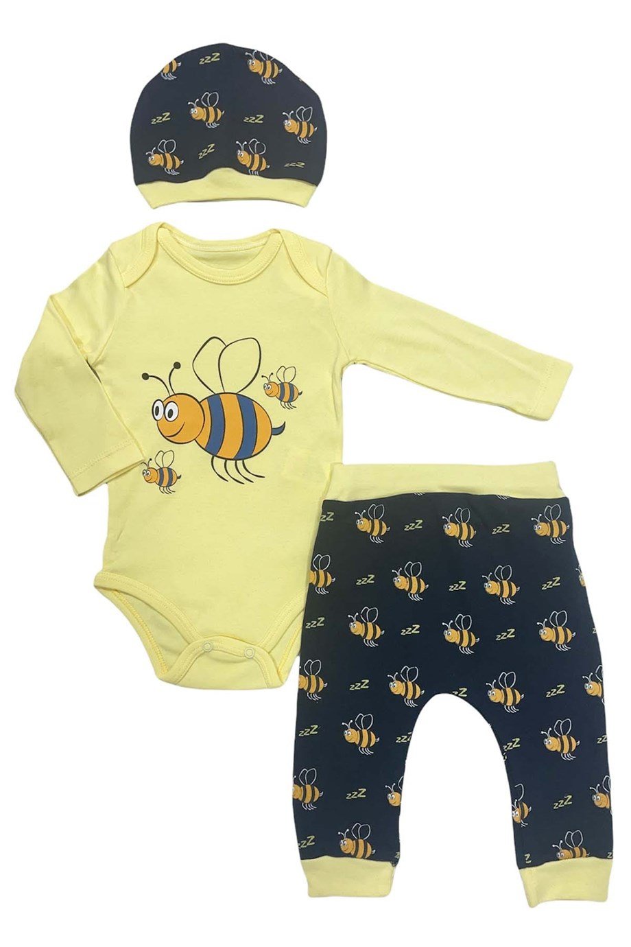 Bereli Kız & Erkek Bebek Sarı Uzun Kollu Çıtçıtlı Arıcık Desenli Üç Parça Bebek Takımı