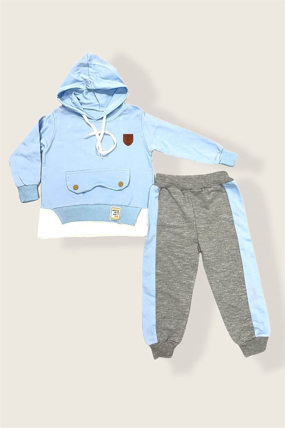 Erkek Bebek Açık Mavi Cep Detaylı Uzun Kollu Kapüşonlu İkili Takım