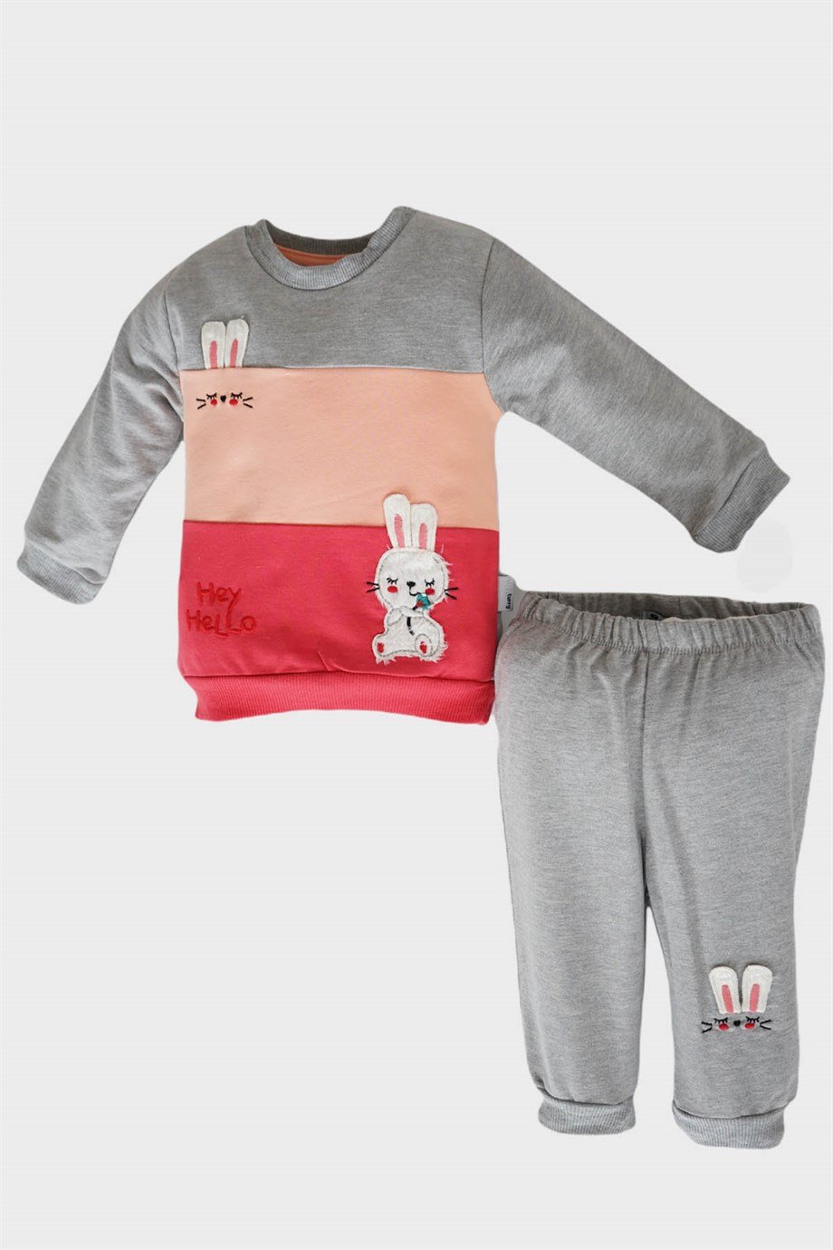 Erkek Bebek Gri Tavşancık Detaylı Pamuklu Uzun Kollu İkili Takım