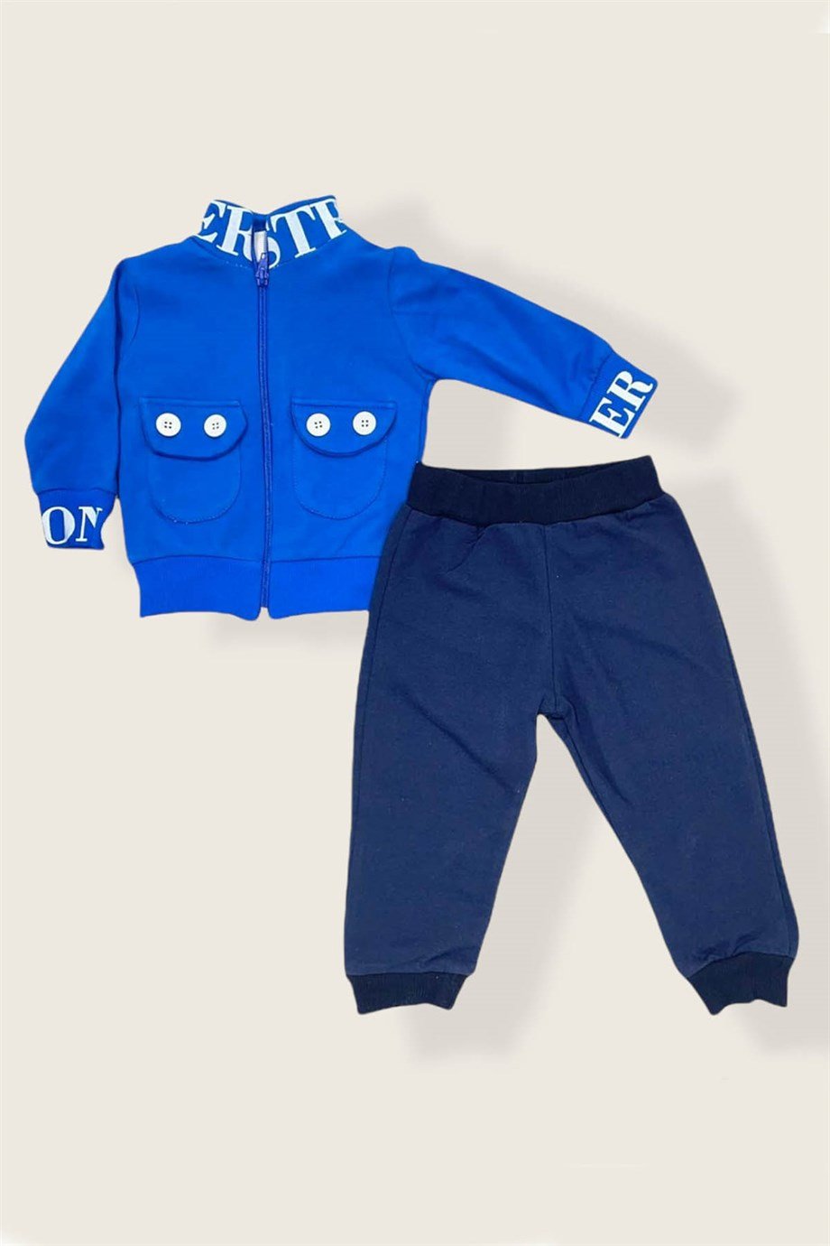 Erkek Bebek Mavi Fermuarlı Uzun Kollu Üçlü Takım