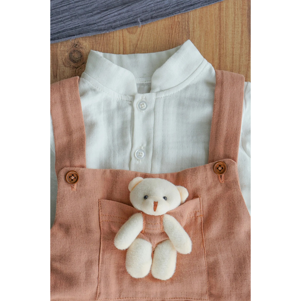 Erkek Bebek Ve Çocuk Gömlekli Ayıcıklı Müslin Salopet Tulum