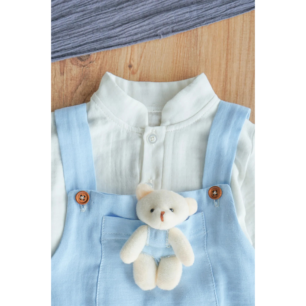 Erkek Bebek Ve Çocuk Gömlekli Ayıcıklı Müslin Salopet Tulum