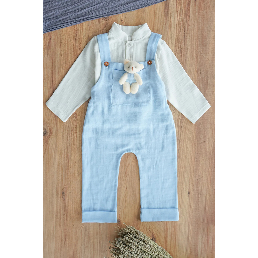 Erkek Bebek Ve Çocuk Gömlekli Ayıcıklı Müslin Salopet Tulum