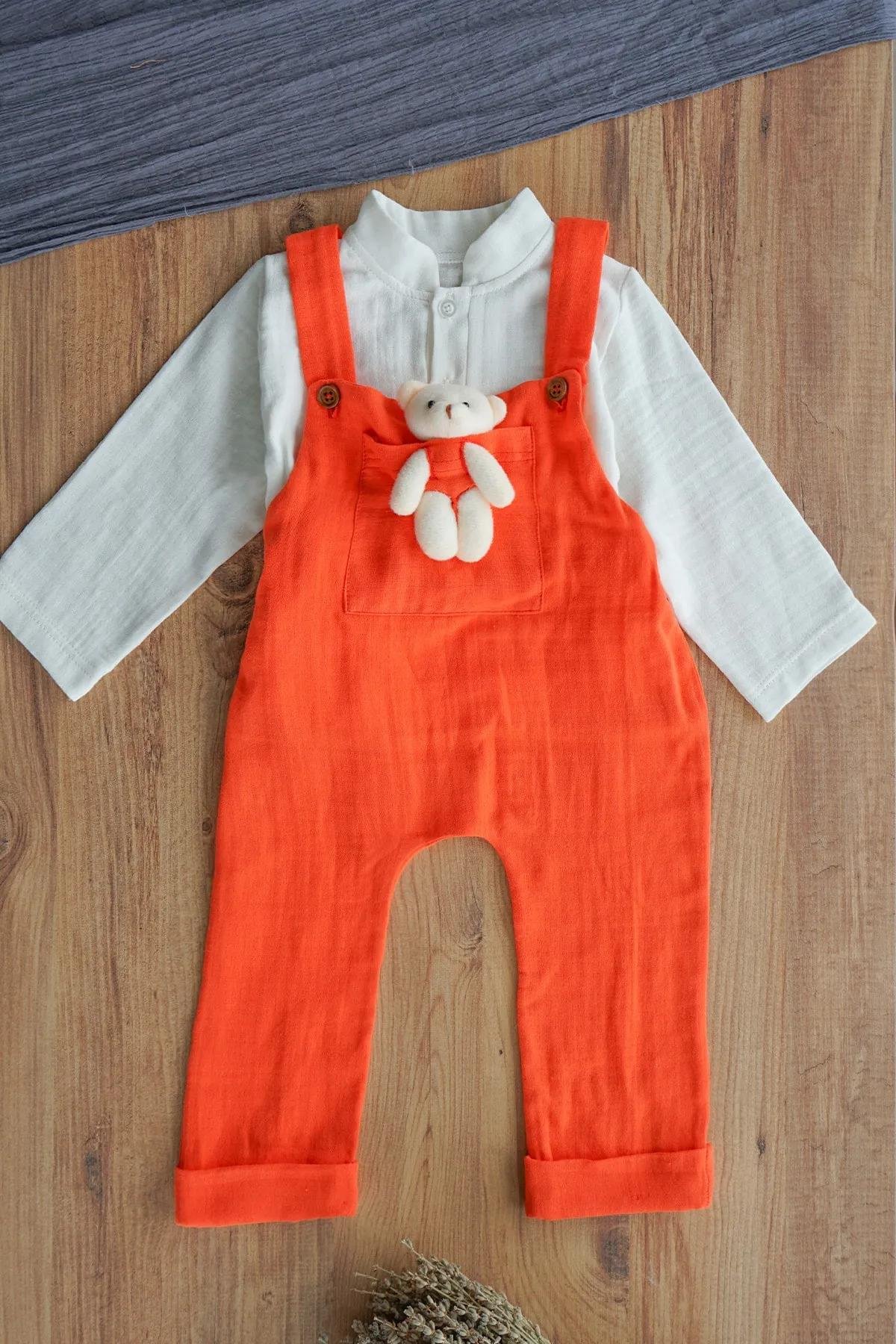 Erkek Bebek Ve Çocuk Gömlekli Ayıcıklı Müslin Salopet Tulum