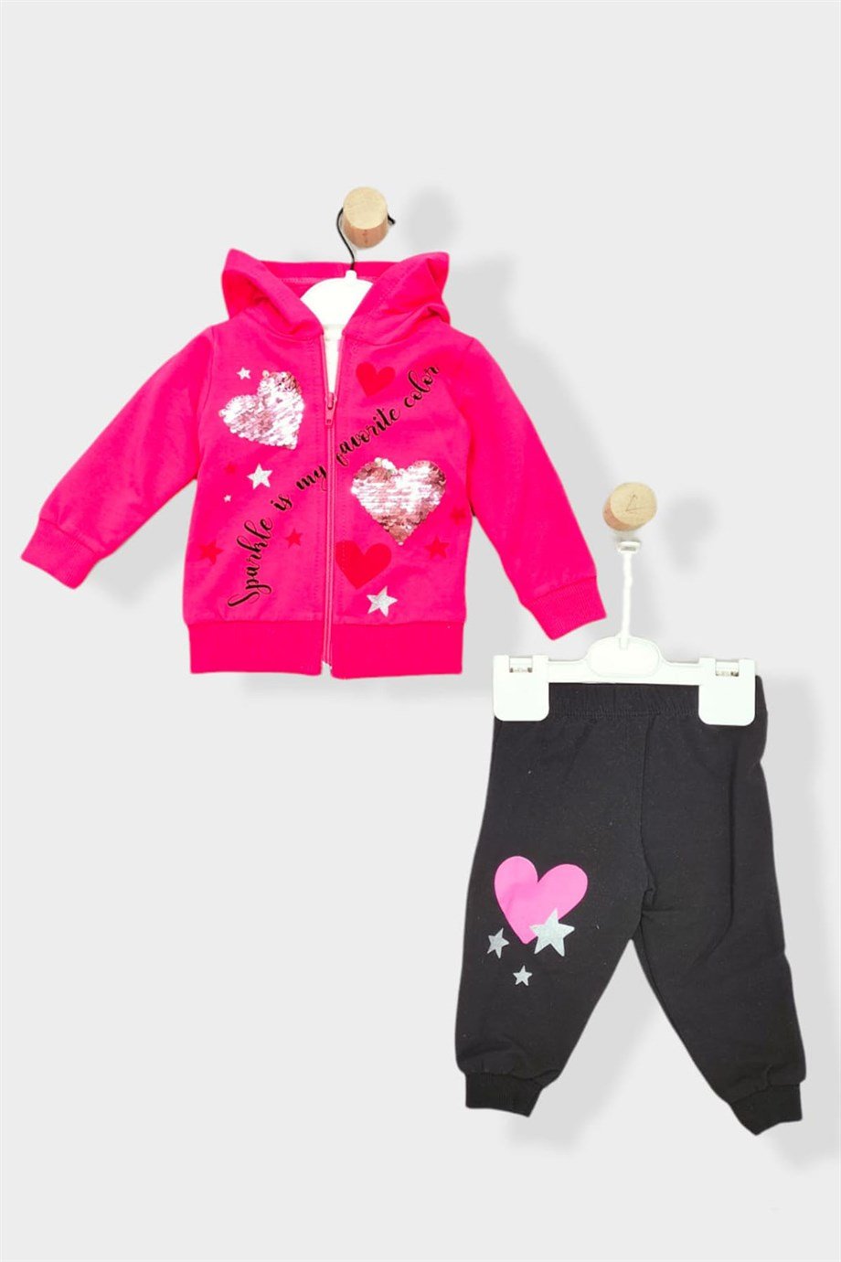 Kapüşonlu Kız Bebek Fuşya Uzun Kollu Kalpli Pamuklu Üçlü Takım