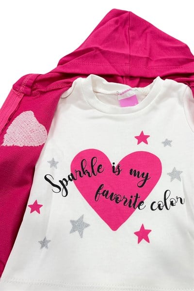 Kapüşonlu Kız Bebek Fuşya Uzun Kollu Kalpli Pamuklu Üçlü Takım