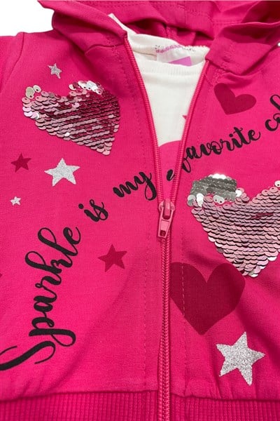 Kapüşonlu Kız Bebek Fuşya Uzun Kollu Kalpli Pamuklu Üçlü Takım
