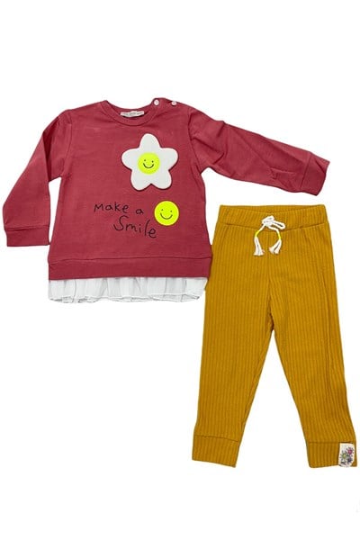 Kız Bebek Fırfırlı Uzun Kollu Pamuklu Yıldız Desenli İkili Takım