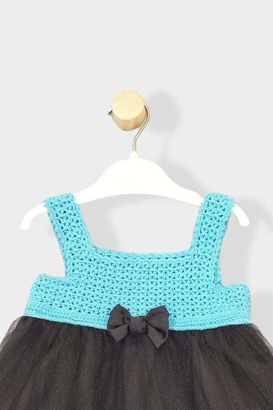 Kız Bebek Mavi Örgü Fiyonklu Yazlık Tül Elbise