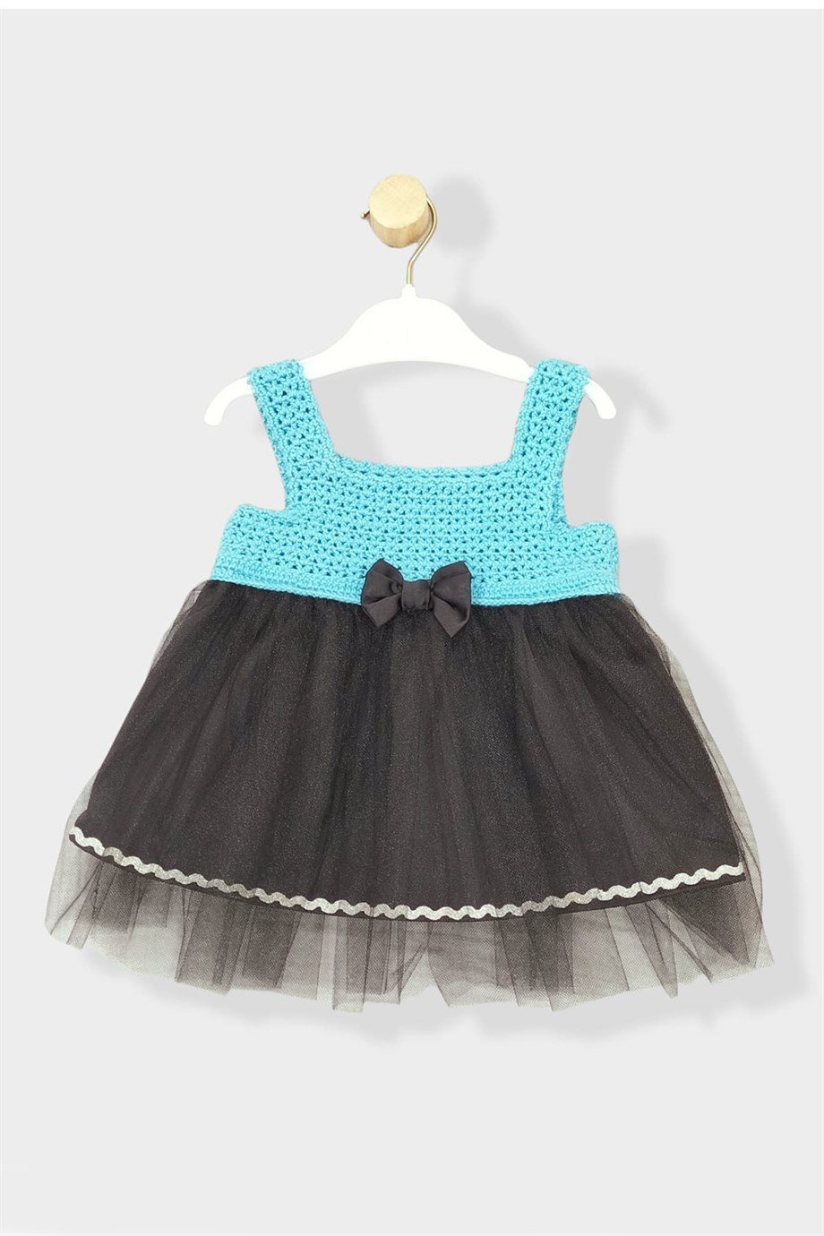 Kız Bebek Mavi Örgü Fiyonklu Yazlık Tül Elbise