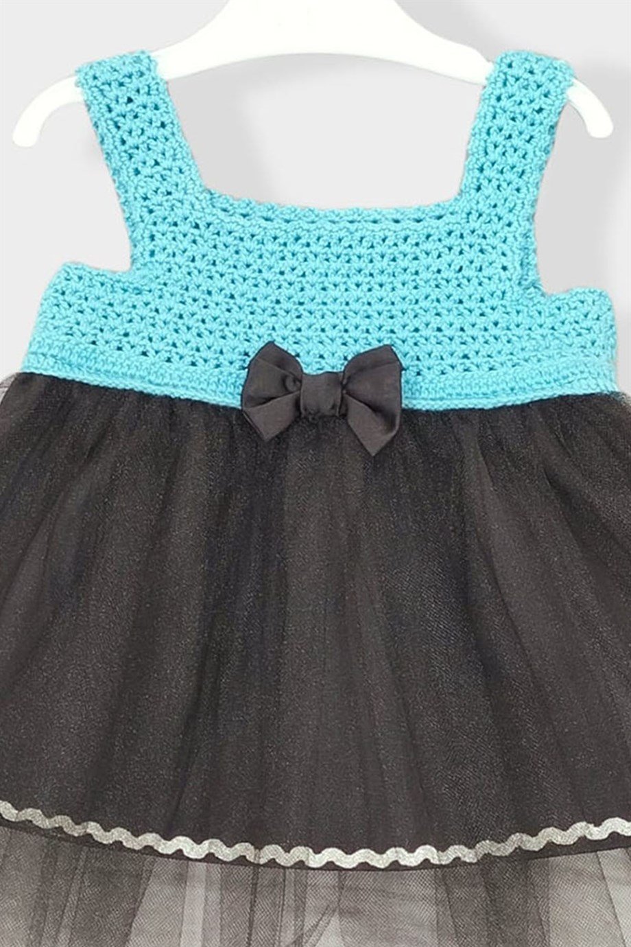 Kız Bebek Mavi Örgü Fiyonklu Yazlık Tül Elbise