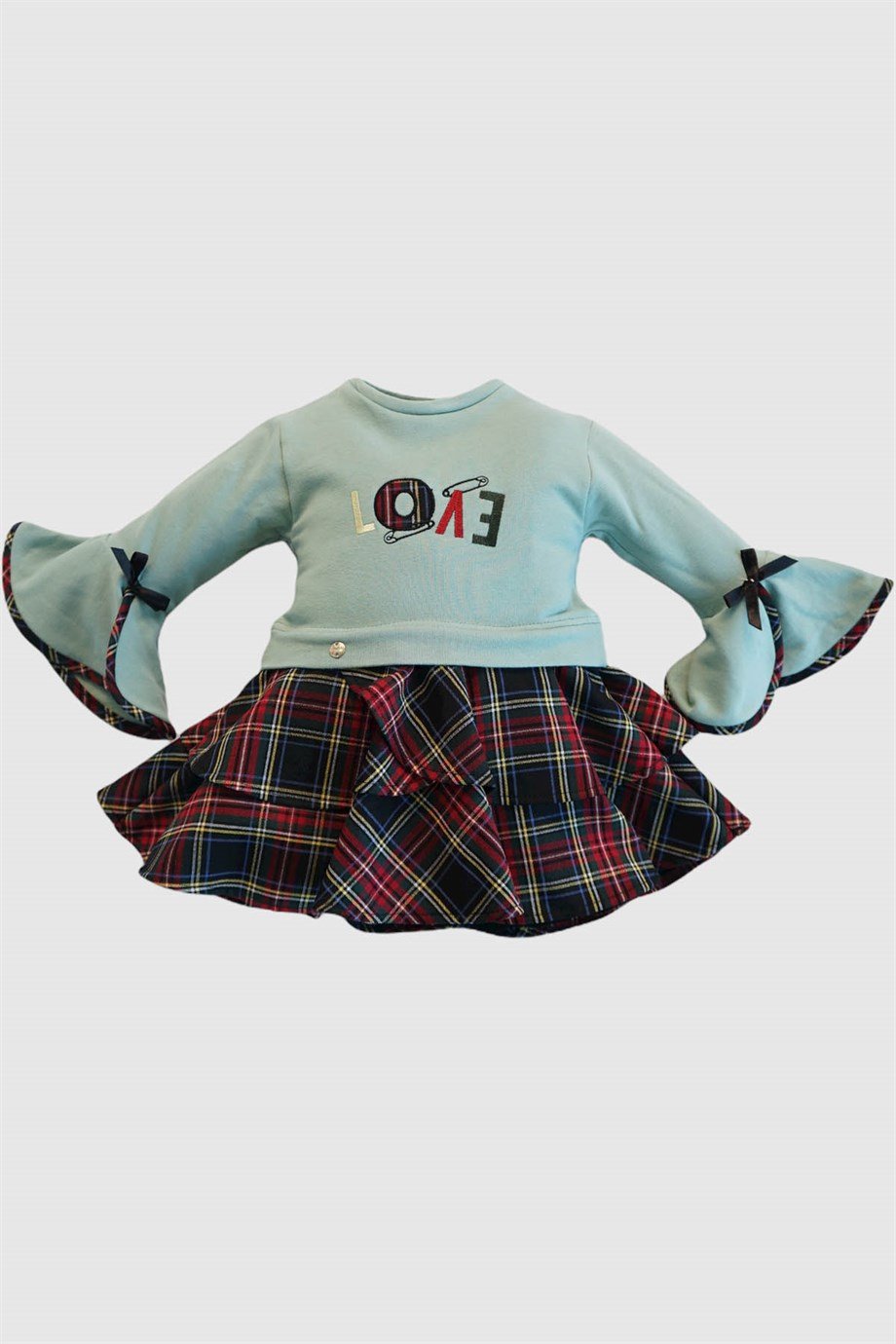 Kız Bebek Mint Yeşil Ekose Etekli Çıtçıtlı Elbise