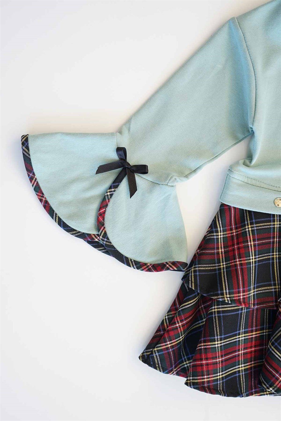 Kız Bebek Mint Yeşil Ekose Etekli Çıtçıtlı Elbise