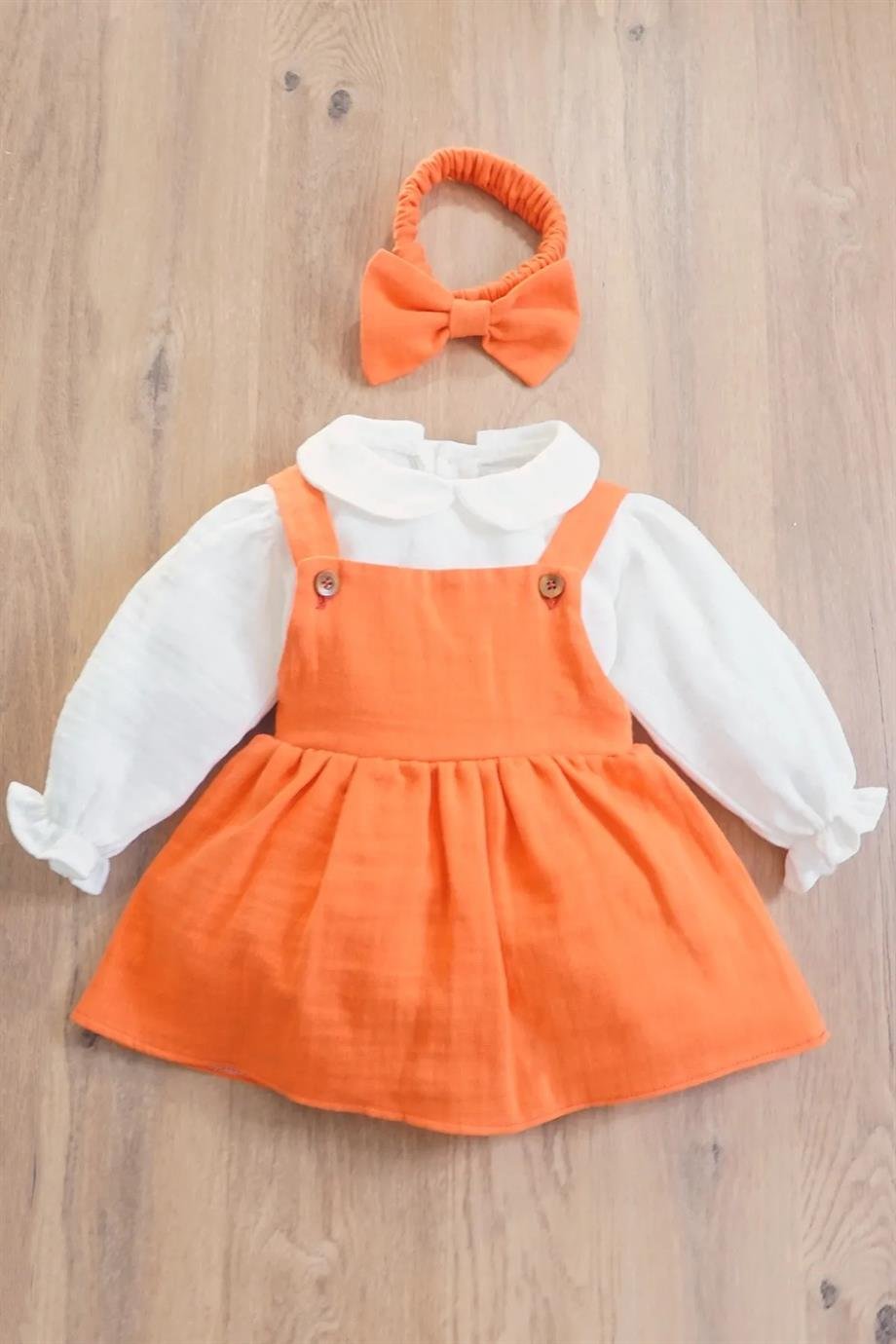 Kız Bebek Müslin Fırfırlı Bandanalı Çocuk Elbisesi