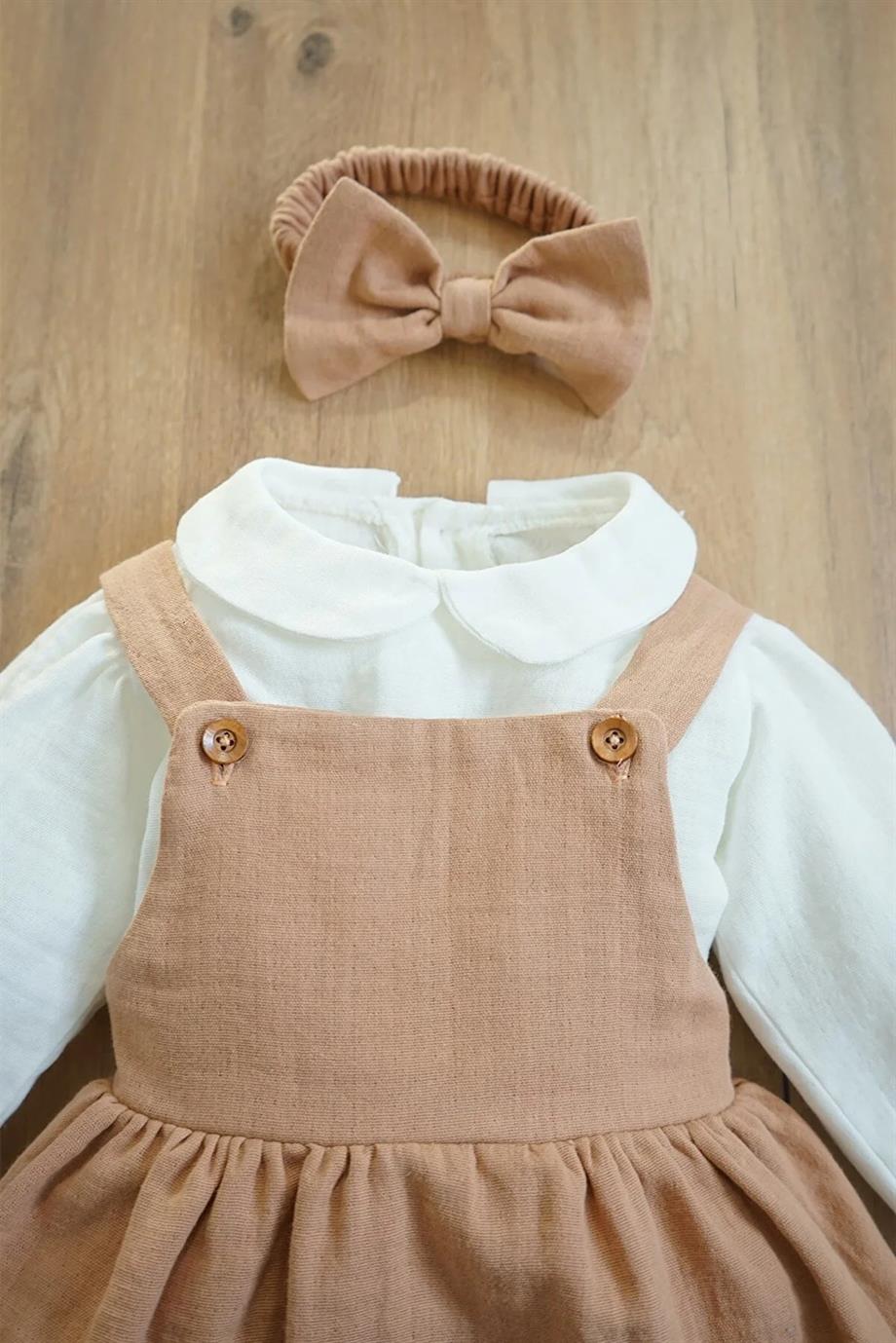 Kız Bebek Müslin Kumaşlı Fırfırlı Balon Kol Çocuk Elbisesi