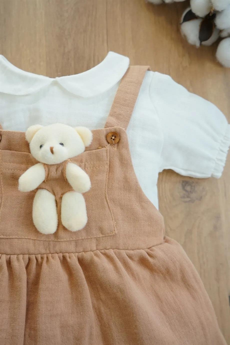 Kız Bebek Müslin Oyuncak Ayıcıklı Çocuk Elbisesi