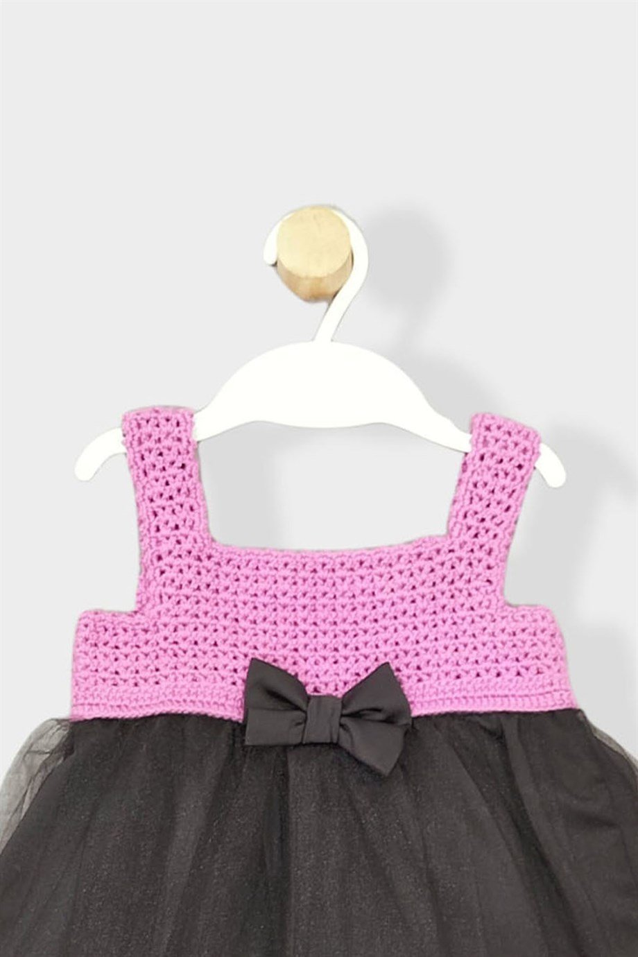 Kız Bebek Örgü Fiyonklu Askılı Yazlık Tül Elbise