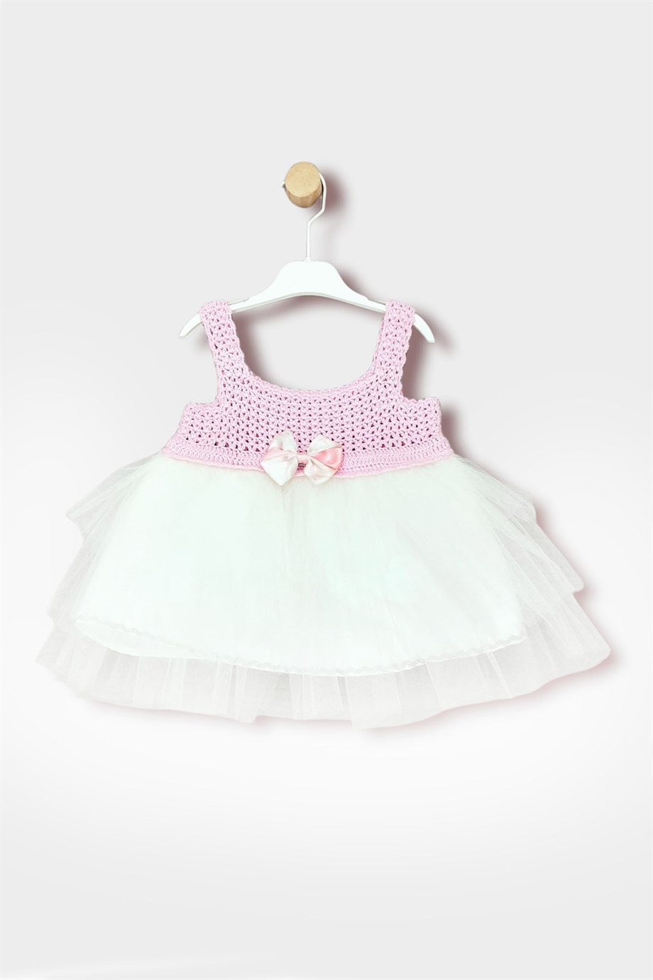 Kız Bebek Örgü Fiyonklu Yazlık Tül Elbise