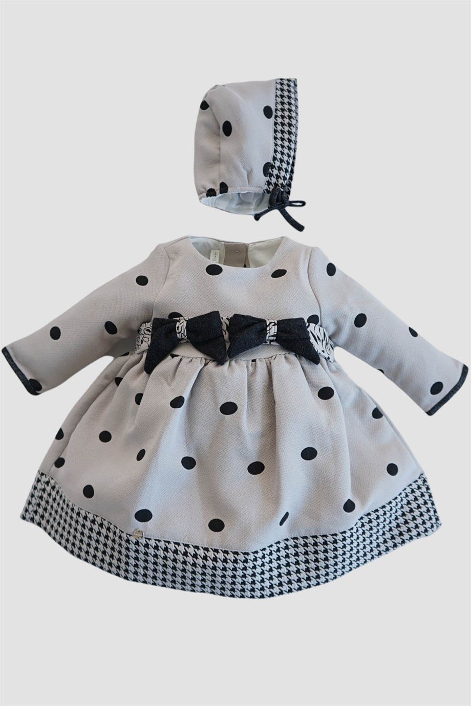 Kız Bebek Puantiyeli Fiyonklu Şapkalı Elbise