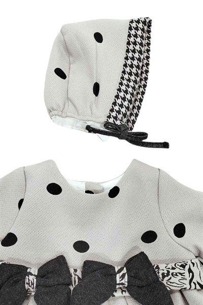 Kız Bebek Puantiyeli Fiyonklu Şapkalı Elbise