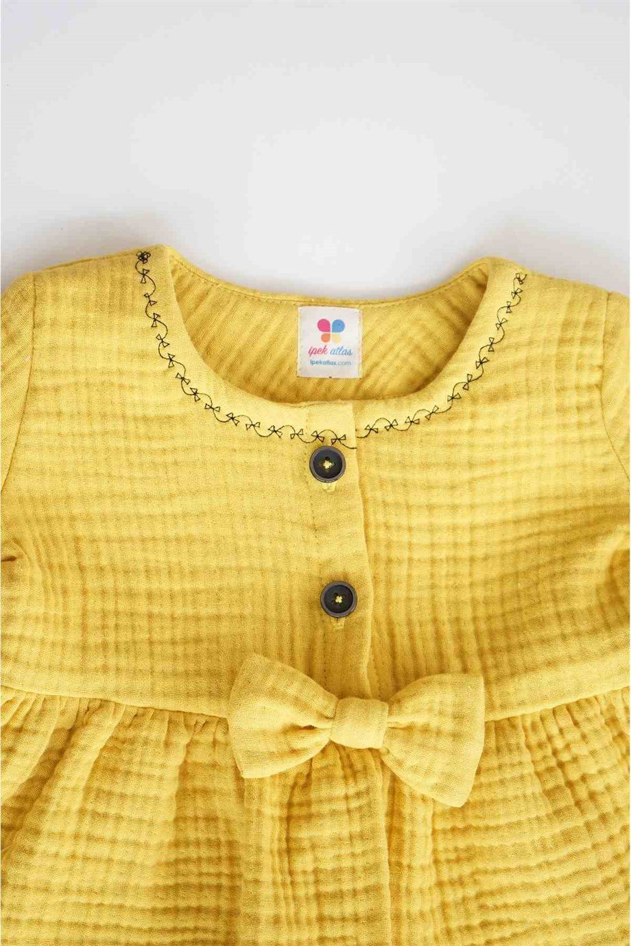 Kız Bebek Safran Nakışlı Müslin Elbise